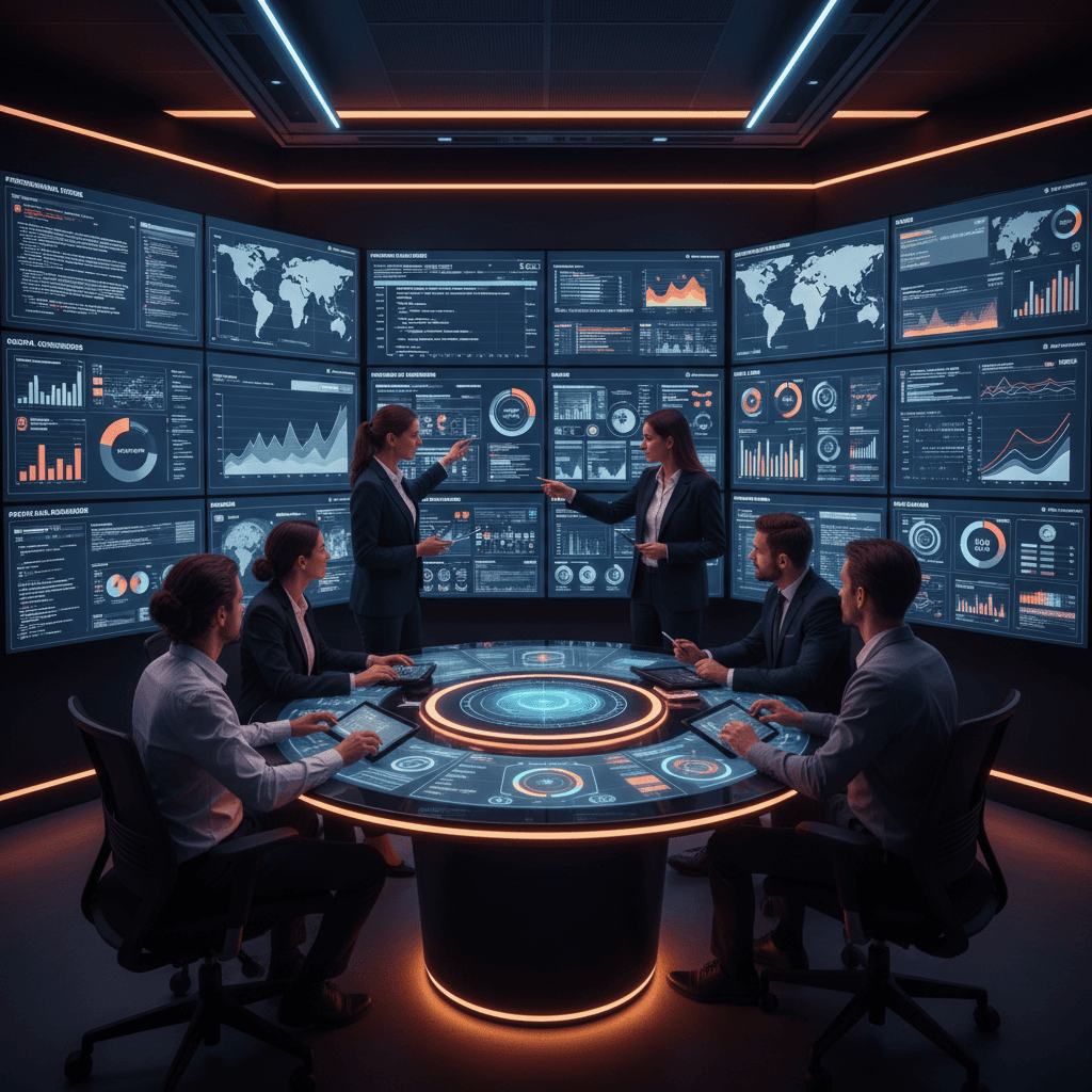 Analysts in a control room analyzing data on large digital screens.