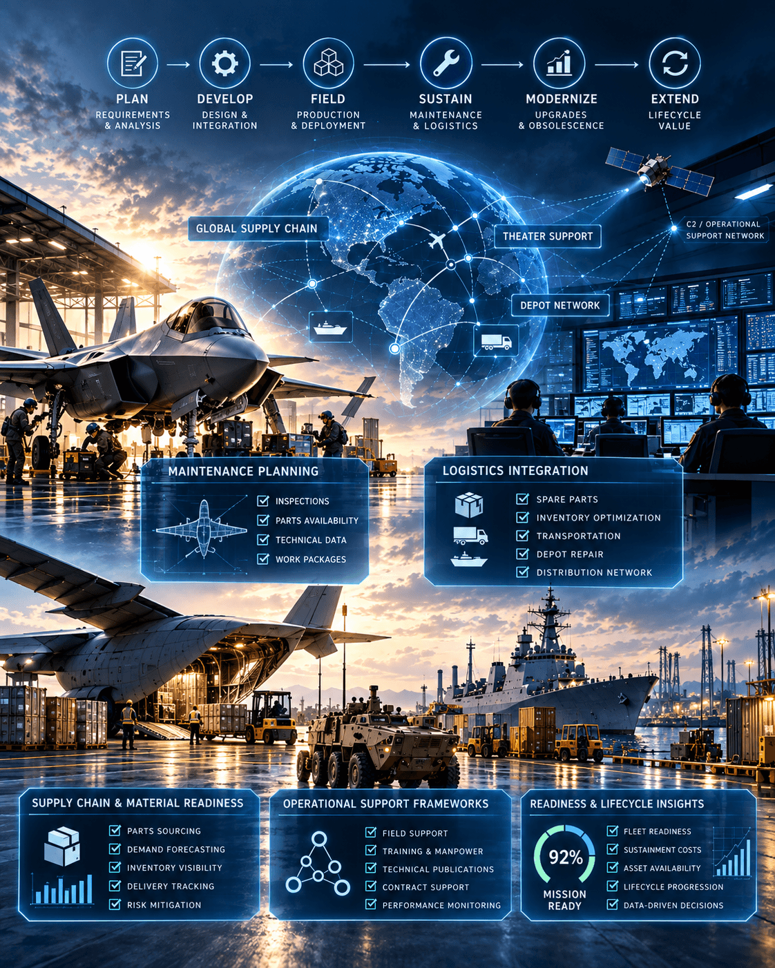 Infographic illustrating global defense logistics, maintenance planning, and supply chain readiness for military operations.