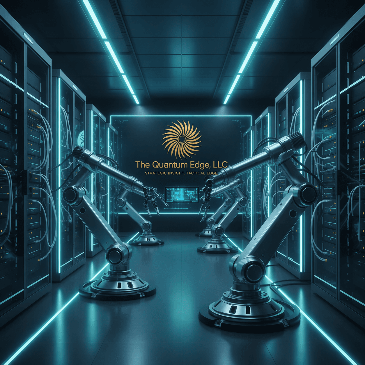 Futuristic data center with robotic arms and The Quantum Edge, LLC logo in blue lighting.