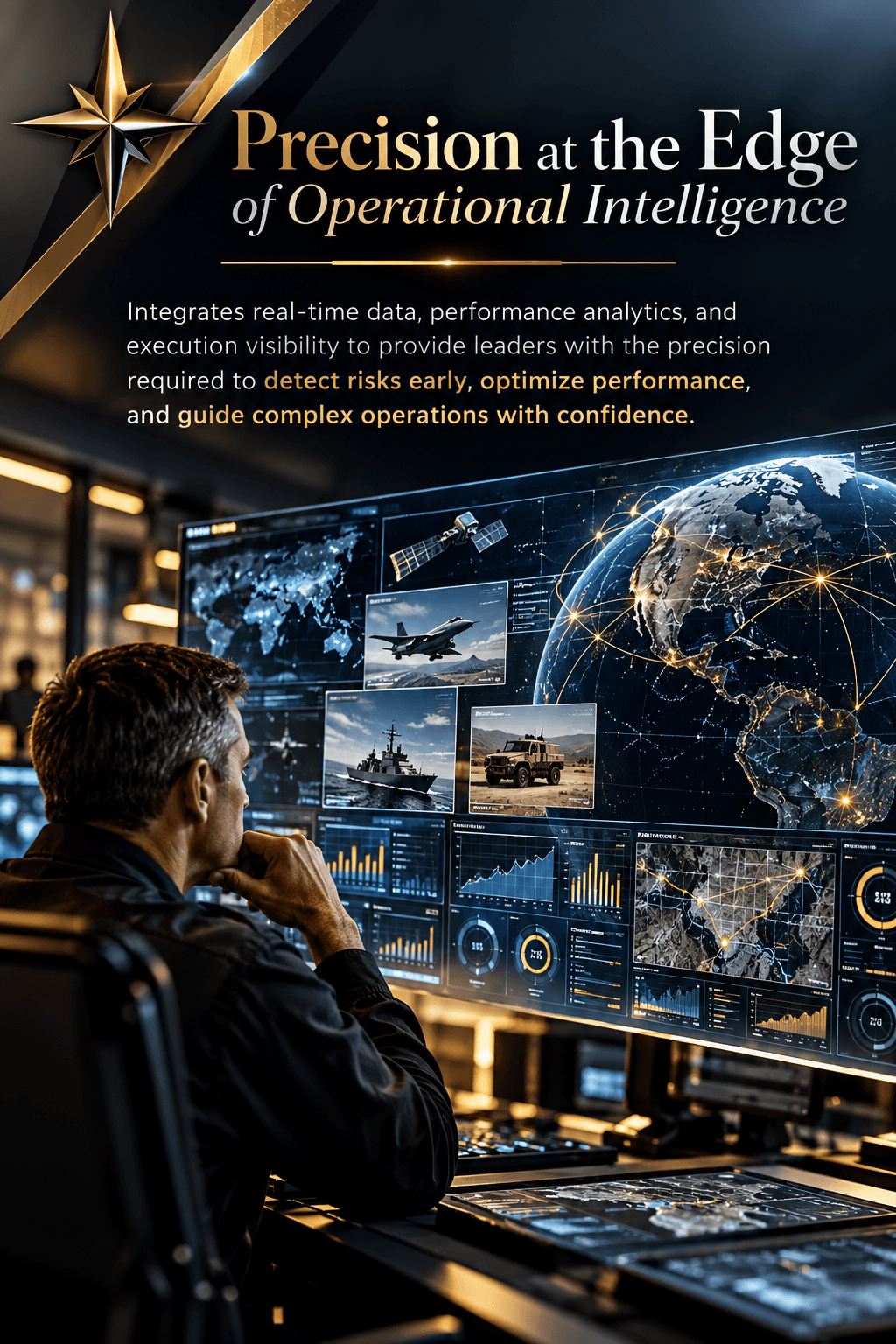 Professional monitoring a command center screen featuring global maps, military assets, and performance analytics.