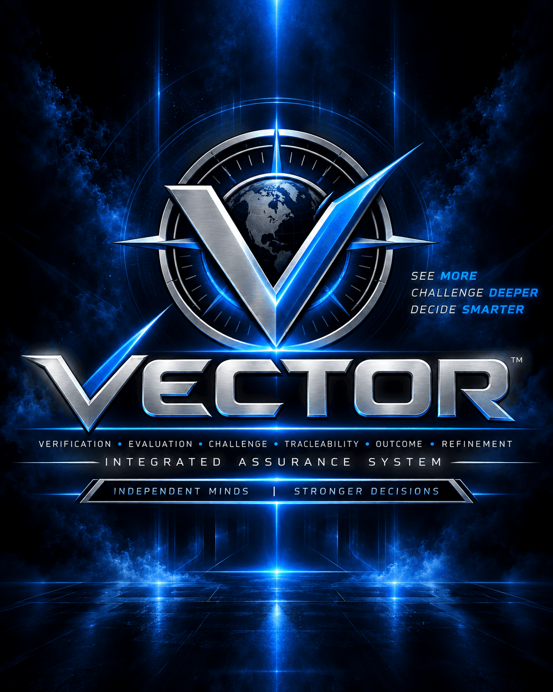 Metallic Vector logo with a globe and compass motif on a glowing blue futuristic background.