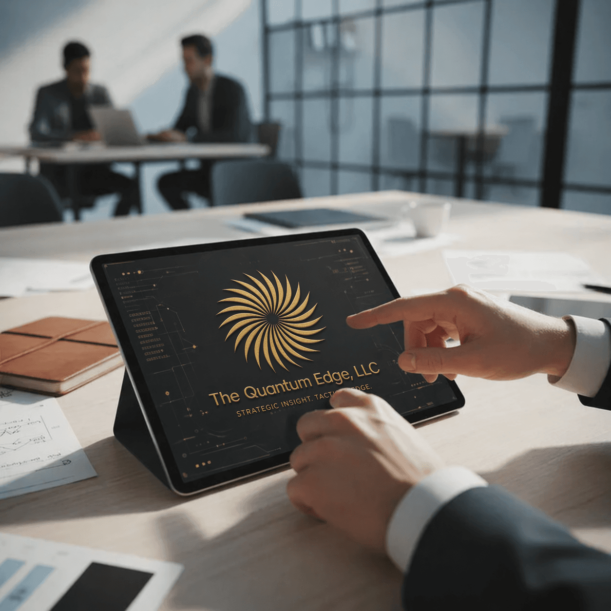 Hands using a tablet displaying a golden spiral logo for The Quantum Edge, LLC.